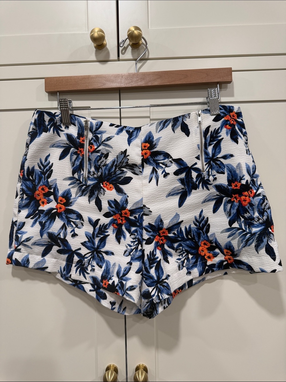 Sophie Rue White High-Waist Floral Shorts with Blue & Orange Print